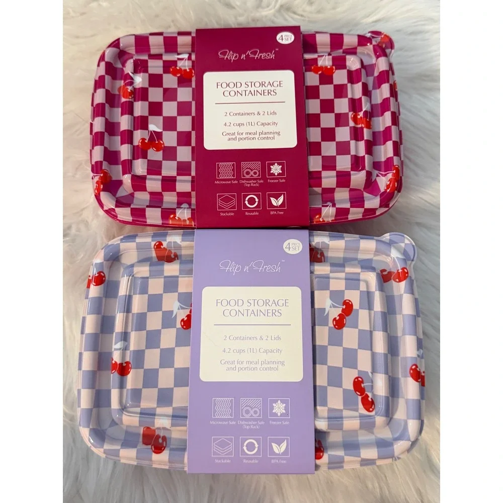 Flip n Fresh Gossi Cherry Checkered Food Storage Containers 4pc Set Pink Blue